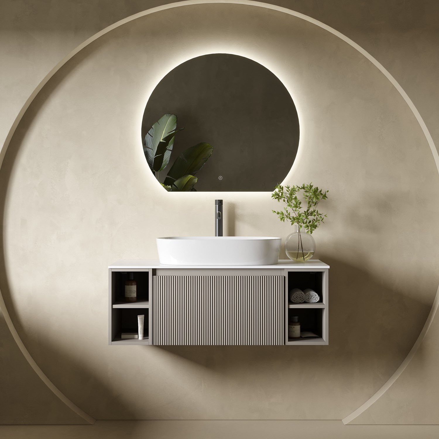 Drench Groove 1000mm Fluted Wall Hung Vanity Unit with Open Shelves & Sintered Stone