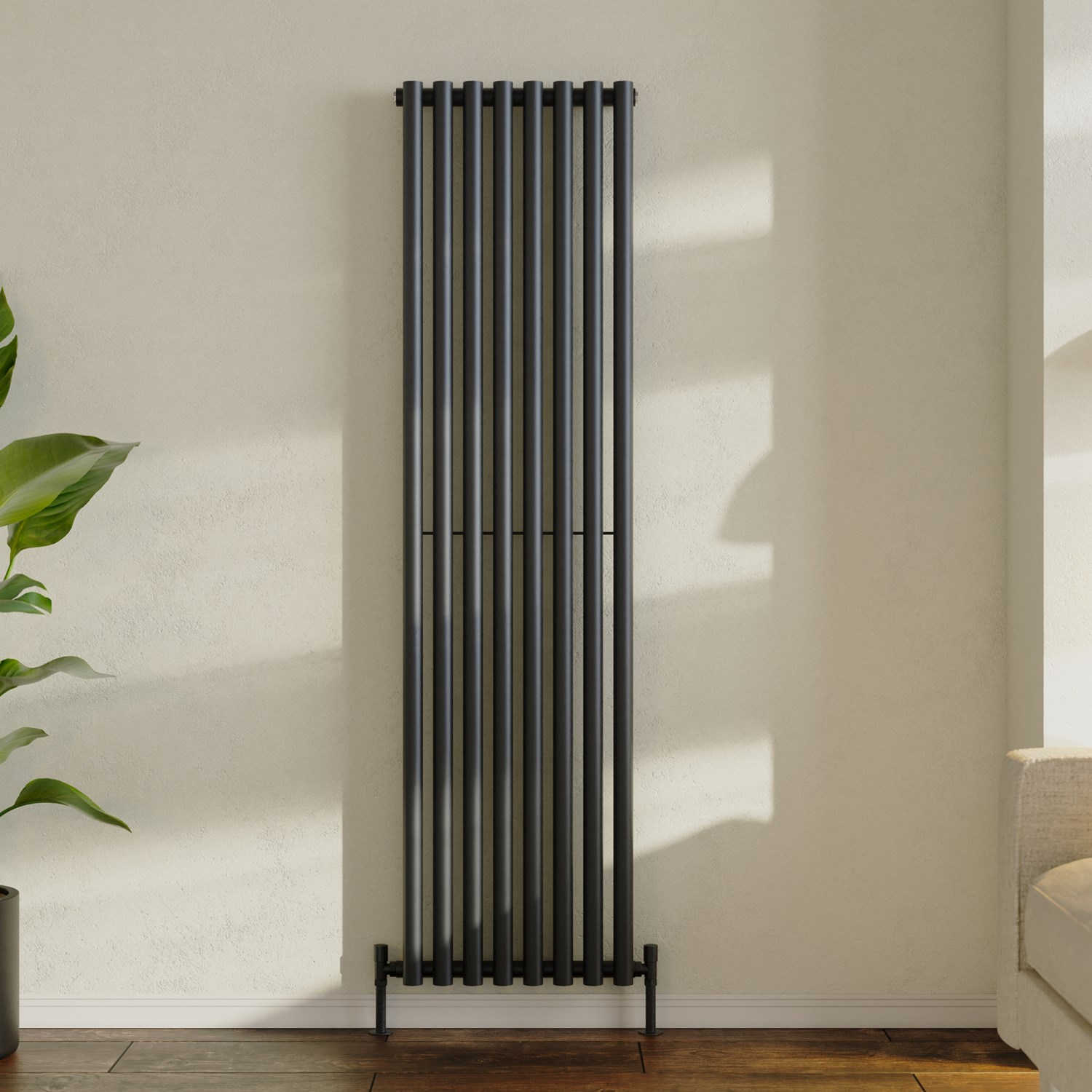 Toasty Aura Matt Black Round Tube Vertical Radiator | Tap Warehouse