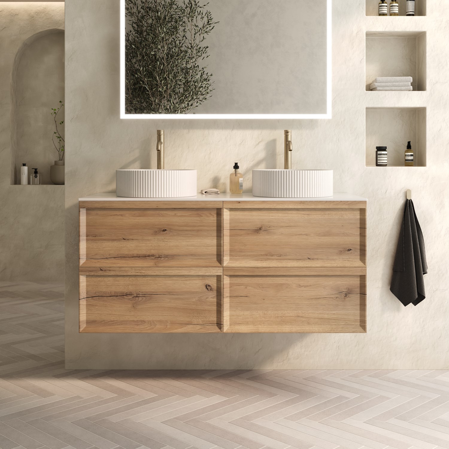Aura 1200mm Wall Mounted Natural Oak Vanity Unit & Sintered Stone Countertop