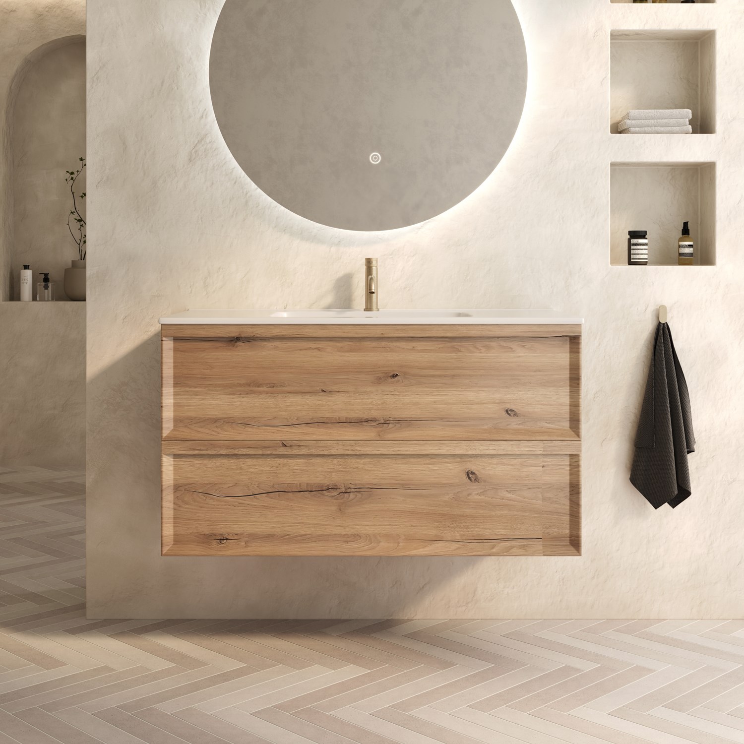 Aura 1000mm Wall Mounted Natural Oak Vanity Unit & Matt White Basin