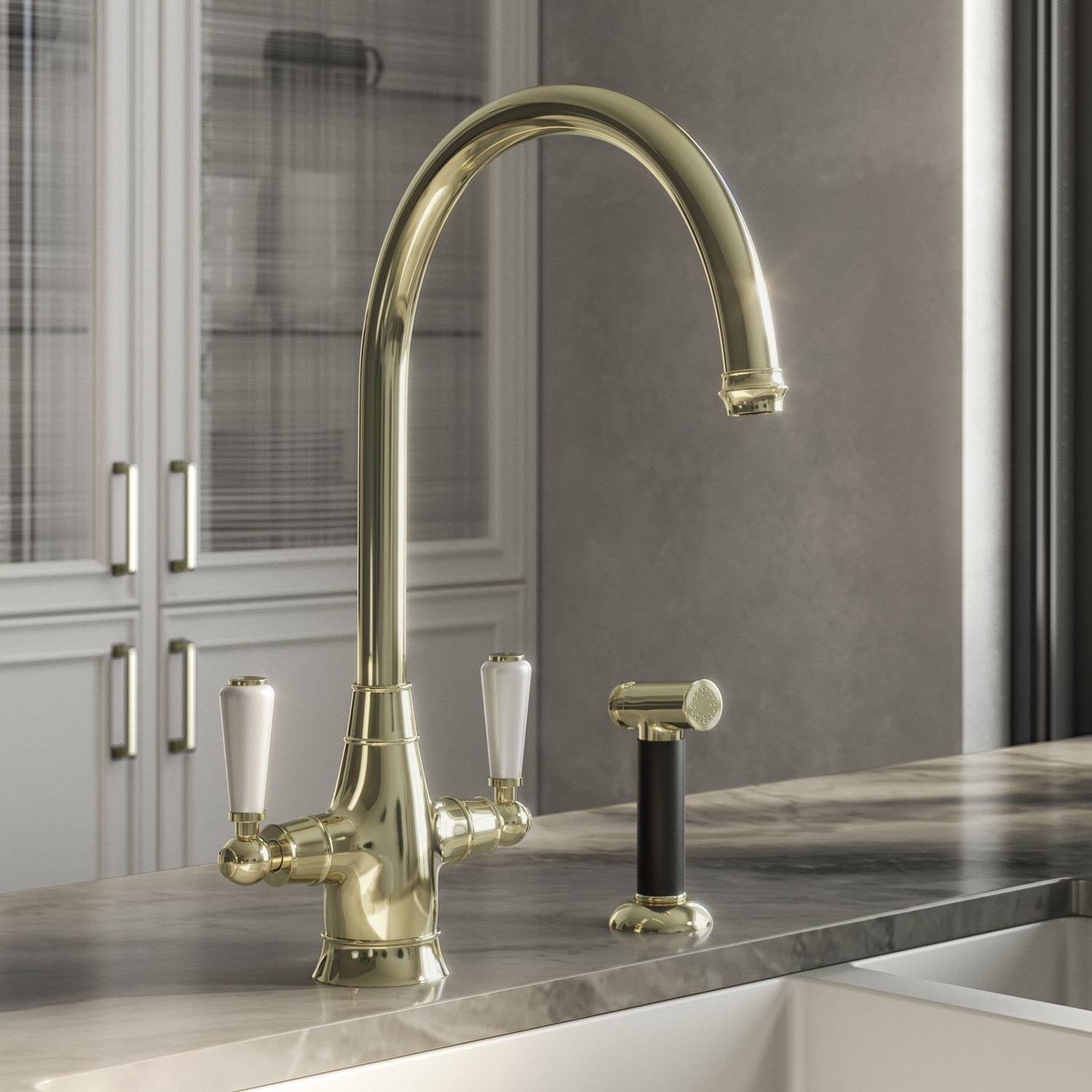 & Ivy Twin Lever Mono Kitchen Mixer Tap Pull Out Rinse