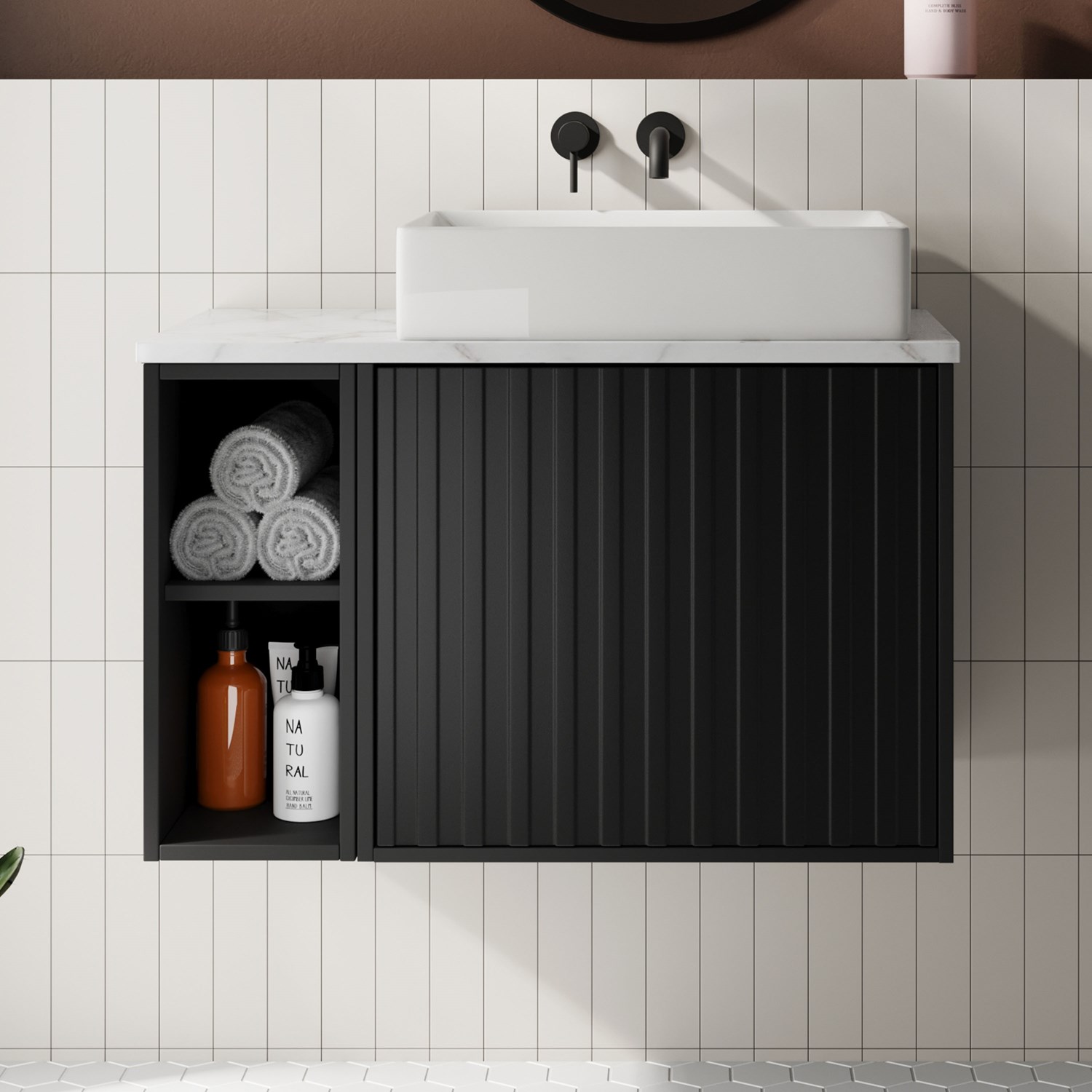 Billy 800mm Wall Hung Vanity Unit with Fluted Drawer Front & Marble Sintered Stone Worktop