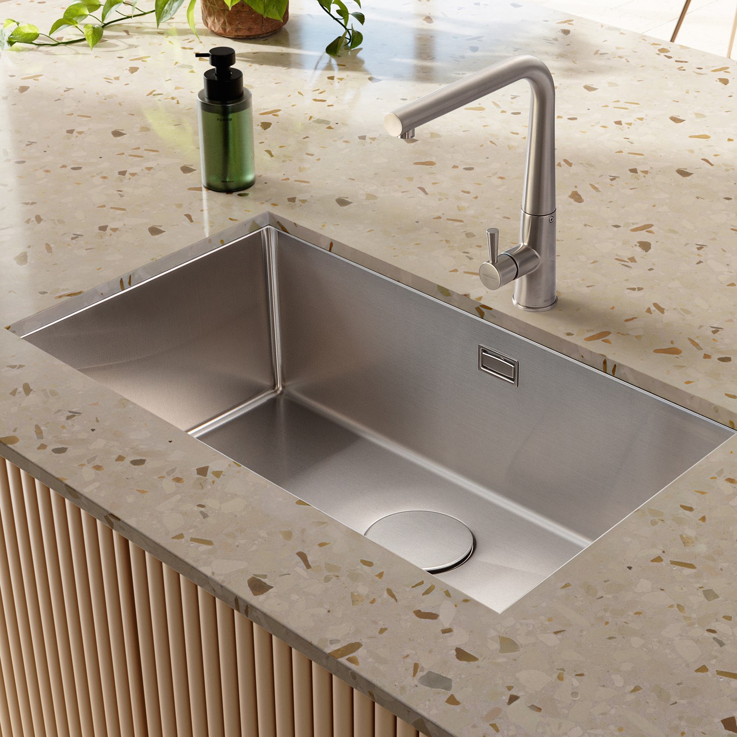 Rangemaster Kube 1 Bowl Brushed Stainless Steel Inset/Undermount Sink & Waste Kit - 740 x