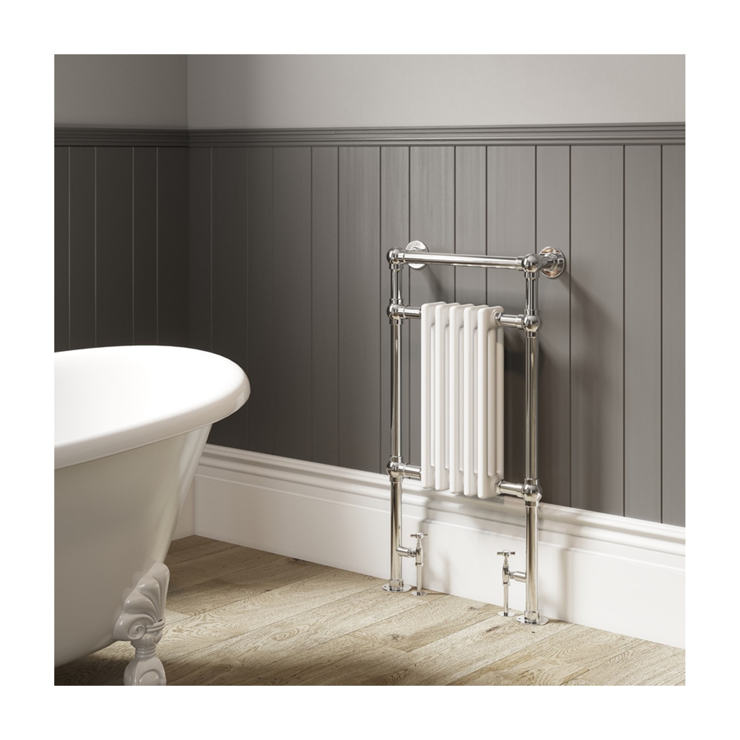 DQ Heating Lynford Floor Mounted Traditional Heated Towel Rail - 952 x 685mm - Polished