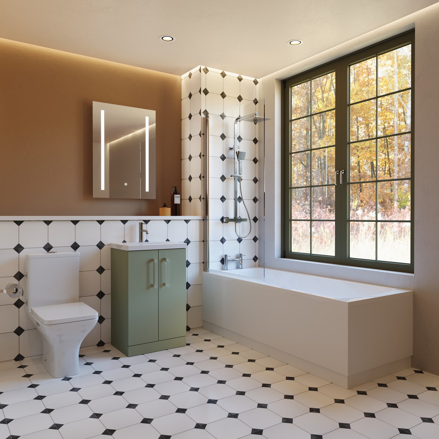Erin Complete Modern Bathroom Suite with 1700mm Shower Bath & Rimless ...