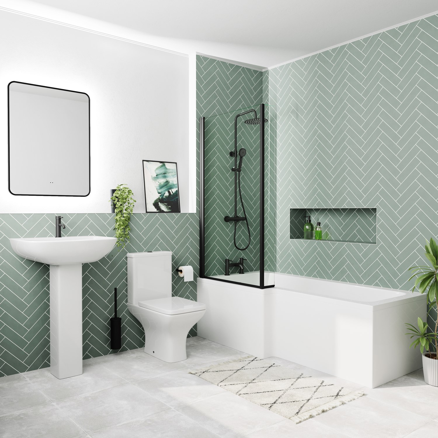 Emily Complete Matt Black Bathroom Suite with 1700mm L Shaped Shower Bath & Rimless Toilet