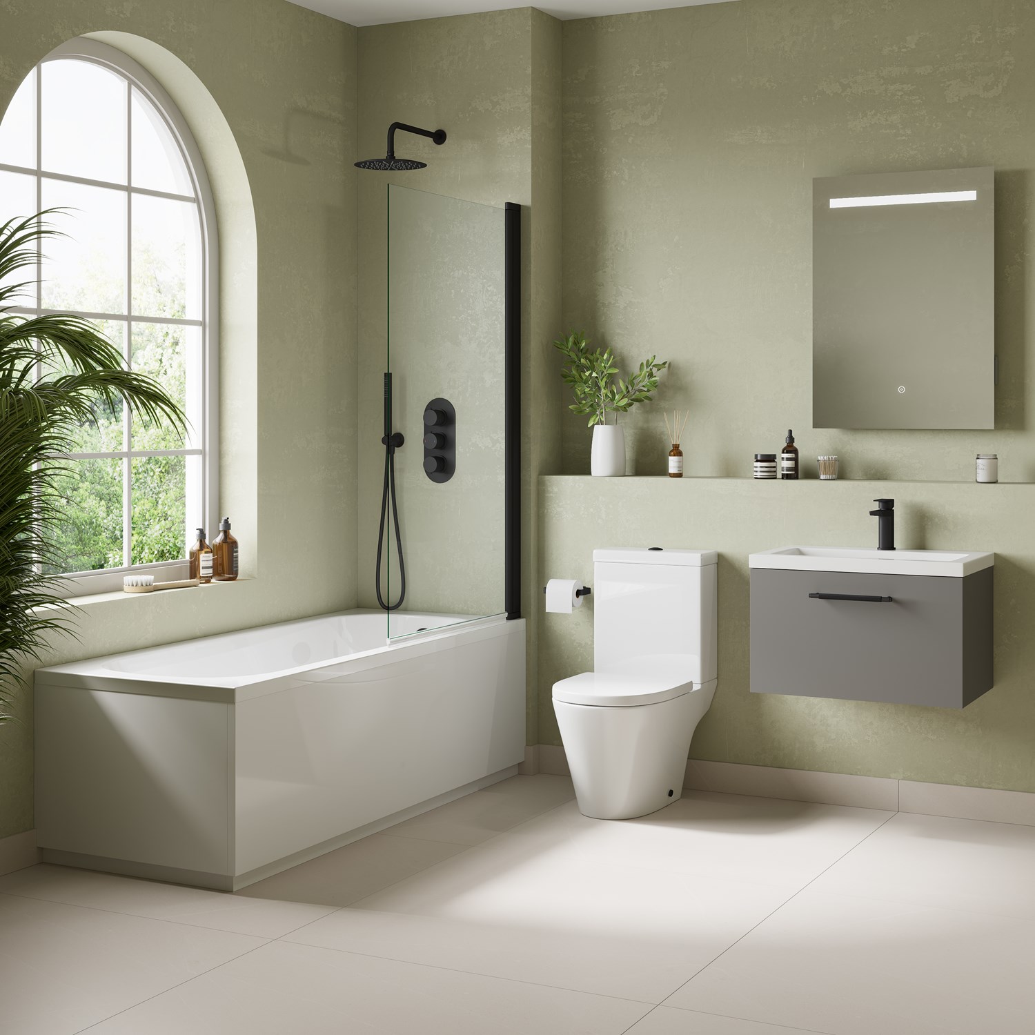 Freddie Matt Black Reinforced Shower Bath Suite with Rimless Toilet ...
