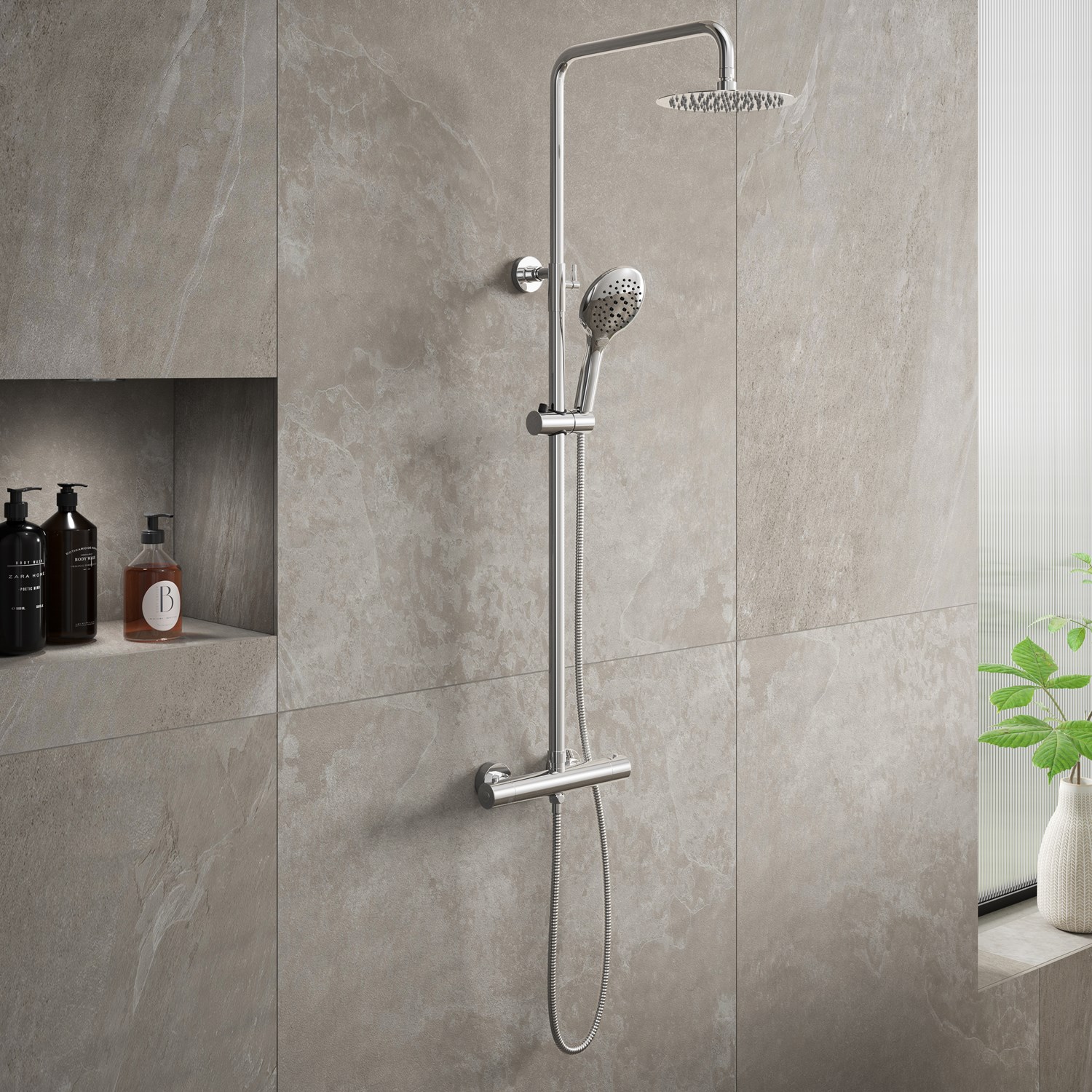 Drench Round Telescopic WRAS-Approved Thermostatic Rigid Riser Shower Set with Slim Head