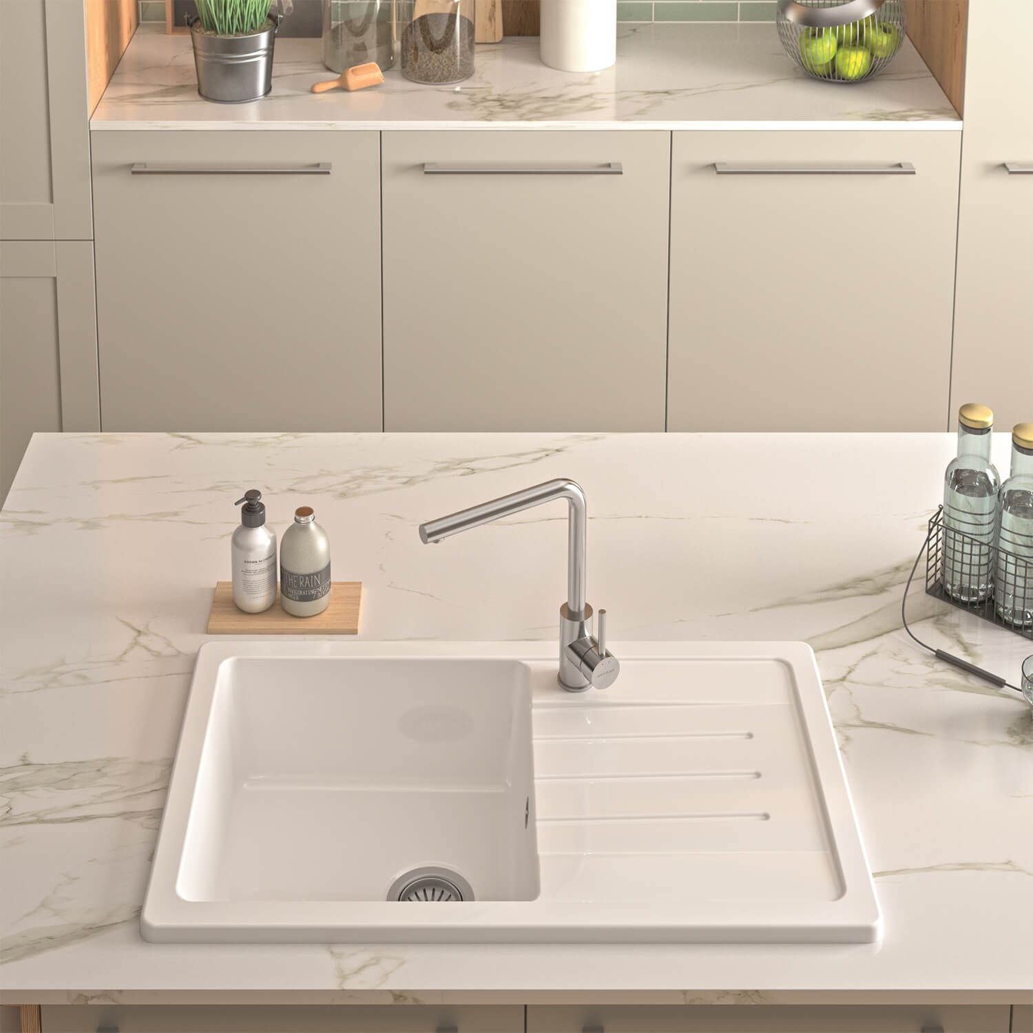 Thomas Denby Jarla Mini 1 Bowl Gloss White Ceramic Kitchen Sink with Reversible Drainer -