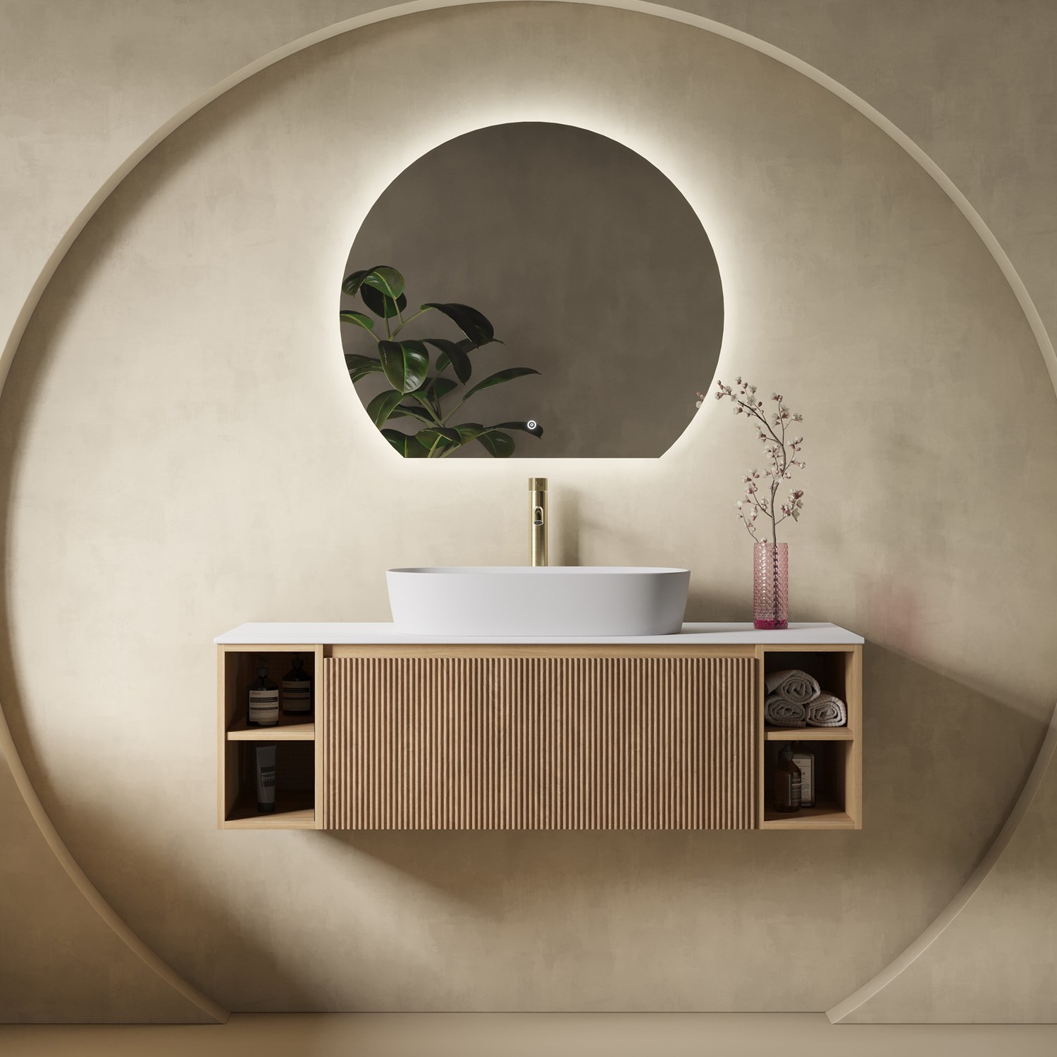 Drench Groove 1200mm Fluted Wall Hung Vanity Unit With Open Shelves & Sintered Stone