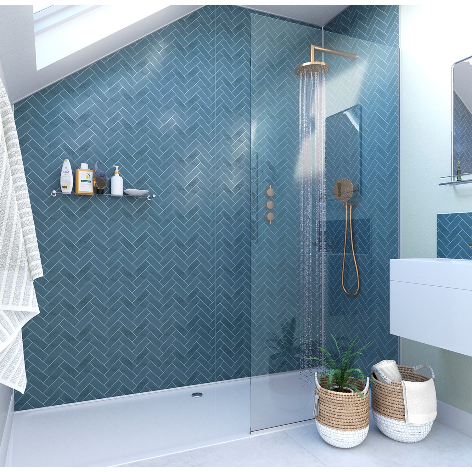 Showerwall Navy Herringbone Acrylic Bathroom Wall Panel | Tap Warehouse