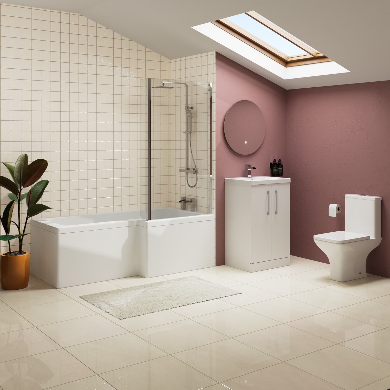 Erin Complete Bathroom Suite with 1700mm L Shaped Shower Bath & Rimless ...