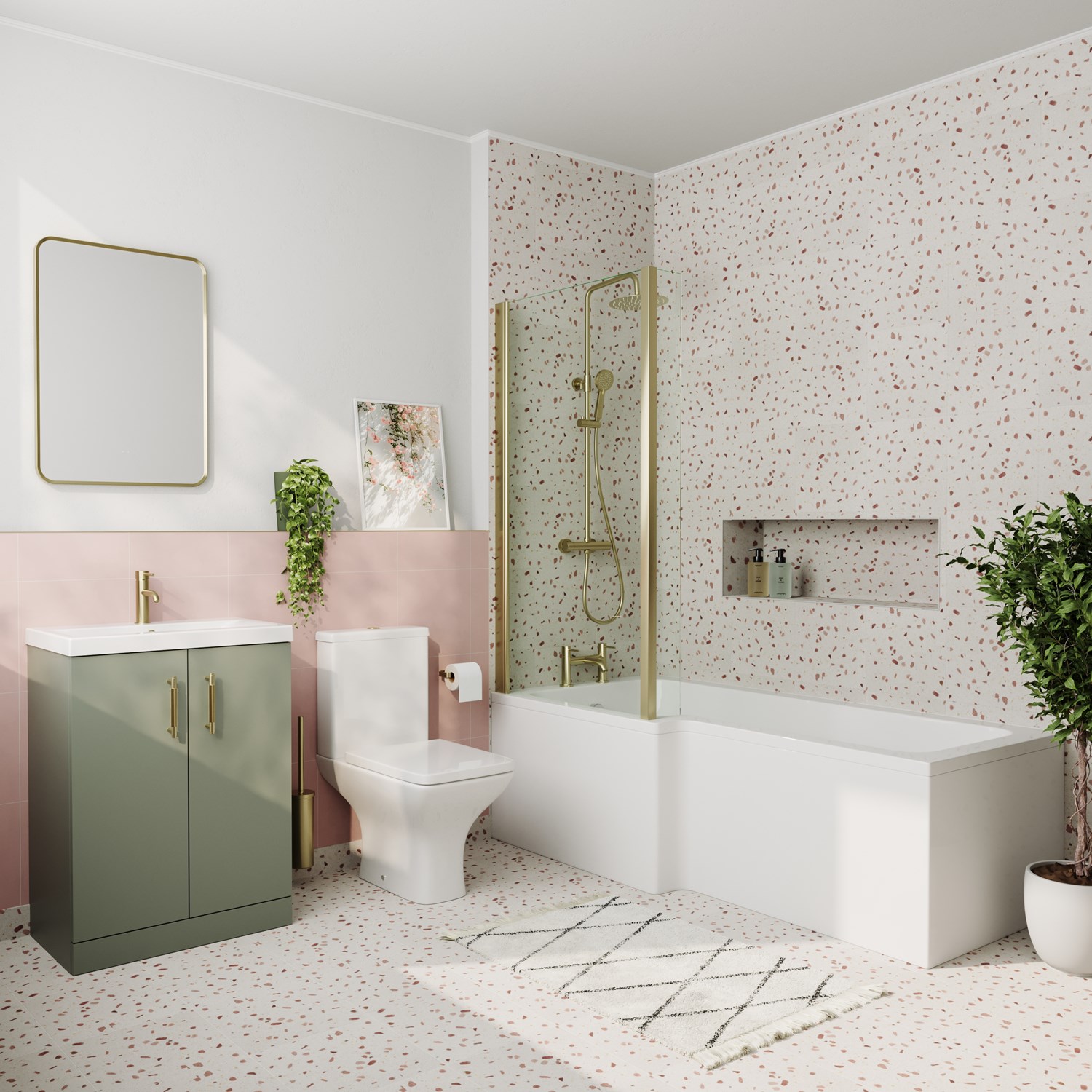Erin Brushed Brass Shower Bath Suite with 1700mm L Shaped Bath & Rimless Toilet