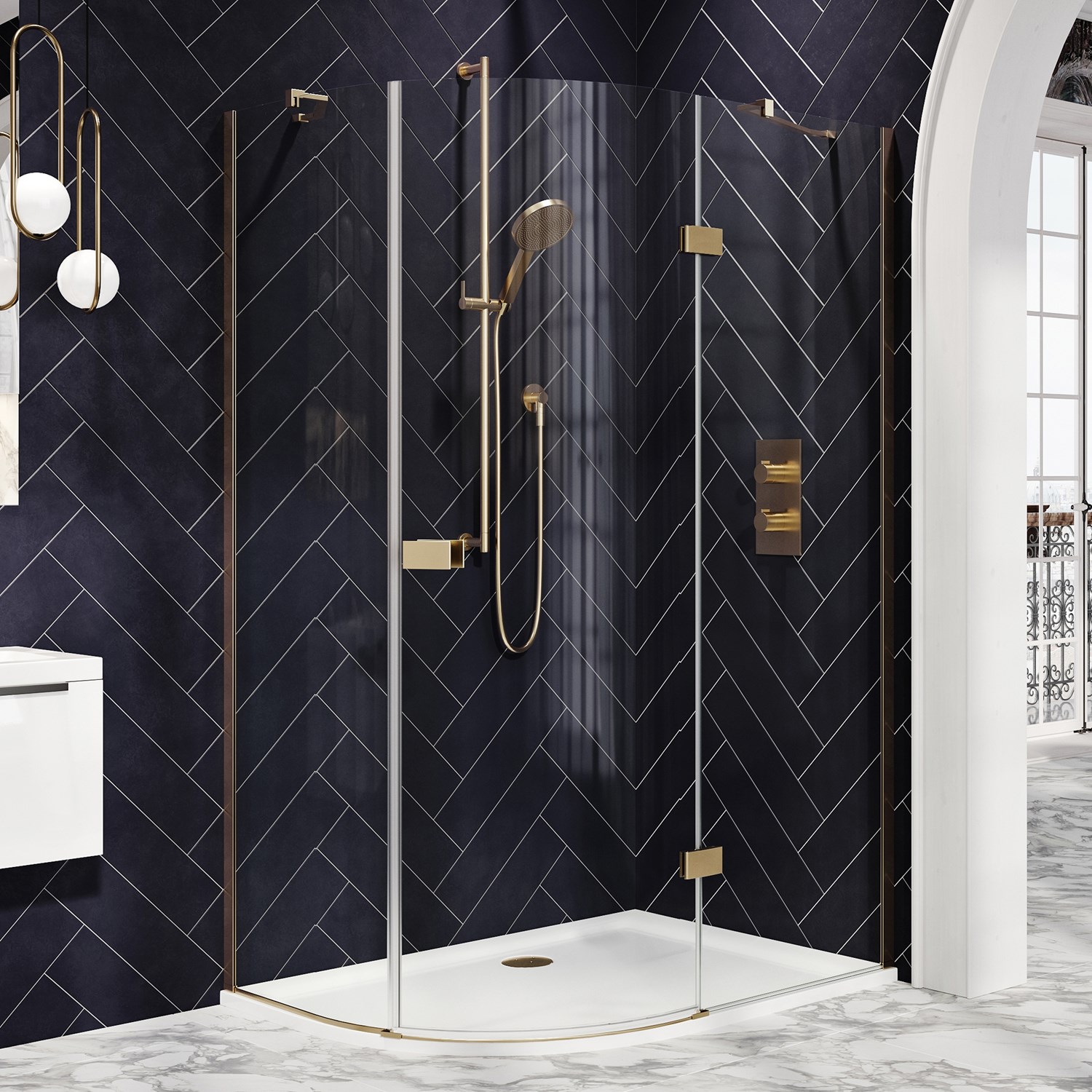 Harbour Clarity 6mm Frameless Brushed Brass Easy Clean Offset Quadrant Shower Enclosure