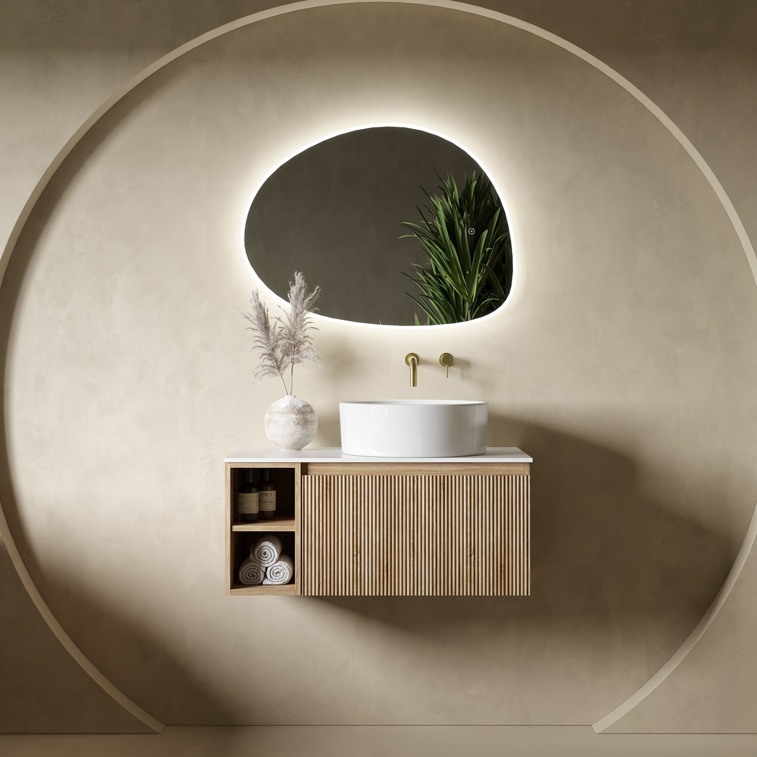 Drench Groove 800mm Fluted Wall Hung Vanity Unit with Open Shelves & Sintered Stone