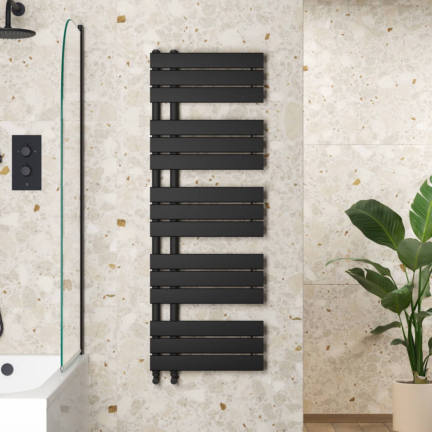 Toasty Haven Matt Black Flat Panel Offset Heated Towel Rail - 1290 x 500mm