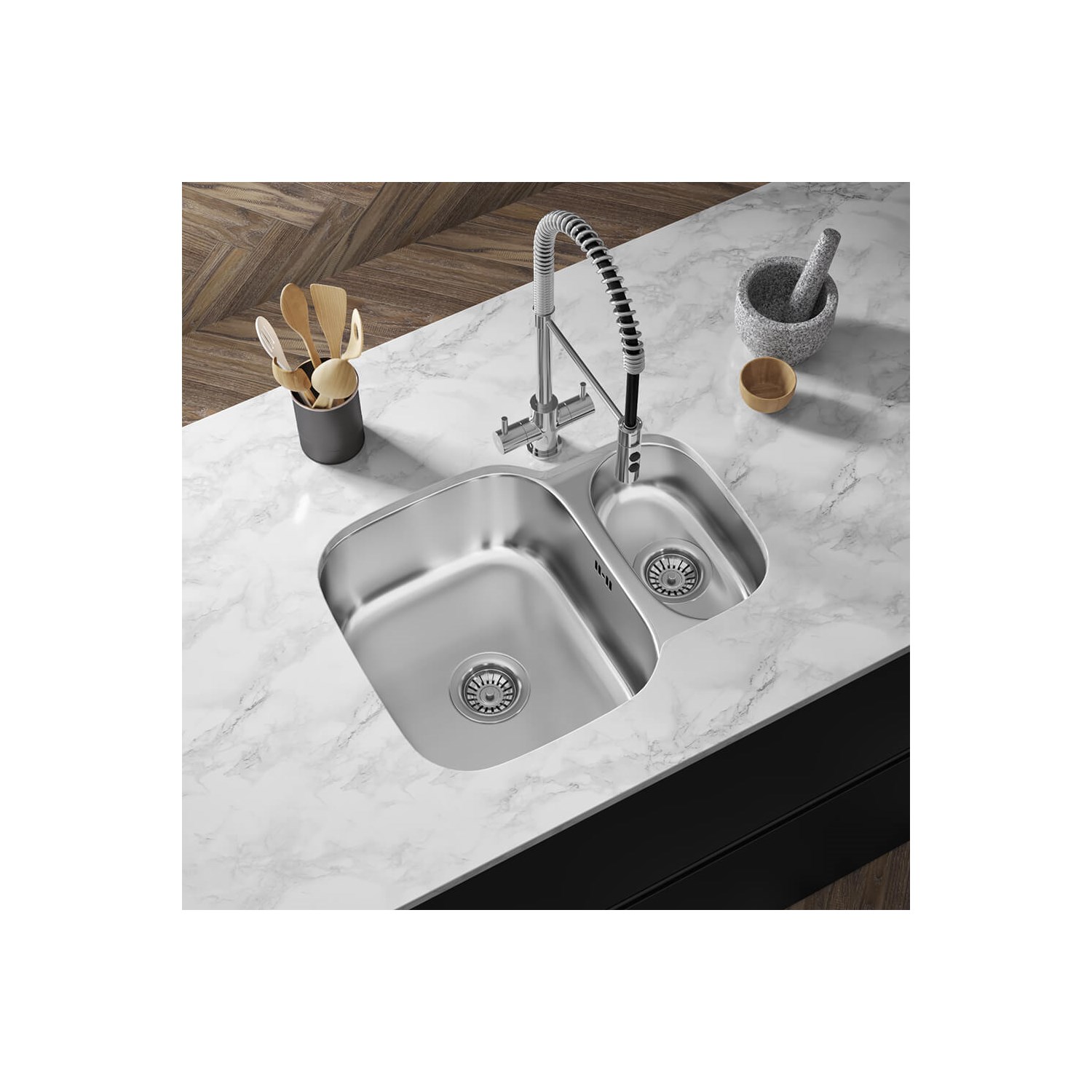 Vellamo Classic 1.5 Bowl Undermount Stainless Steel Kitchen Sink & Waste Kit with Reversible Half Bowl - 595 x 460mm